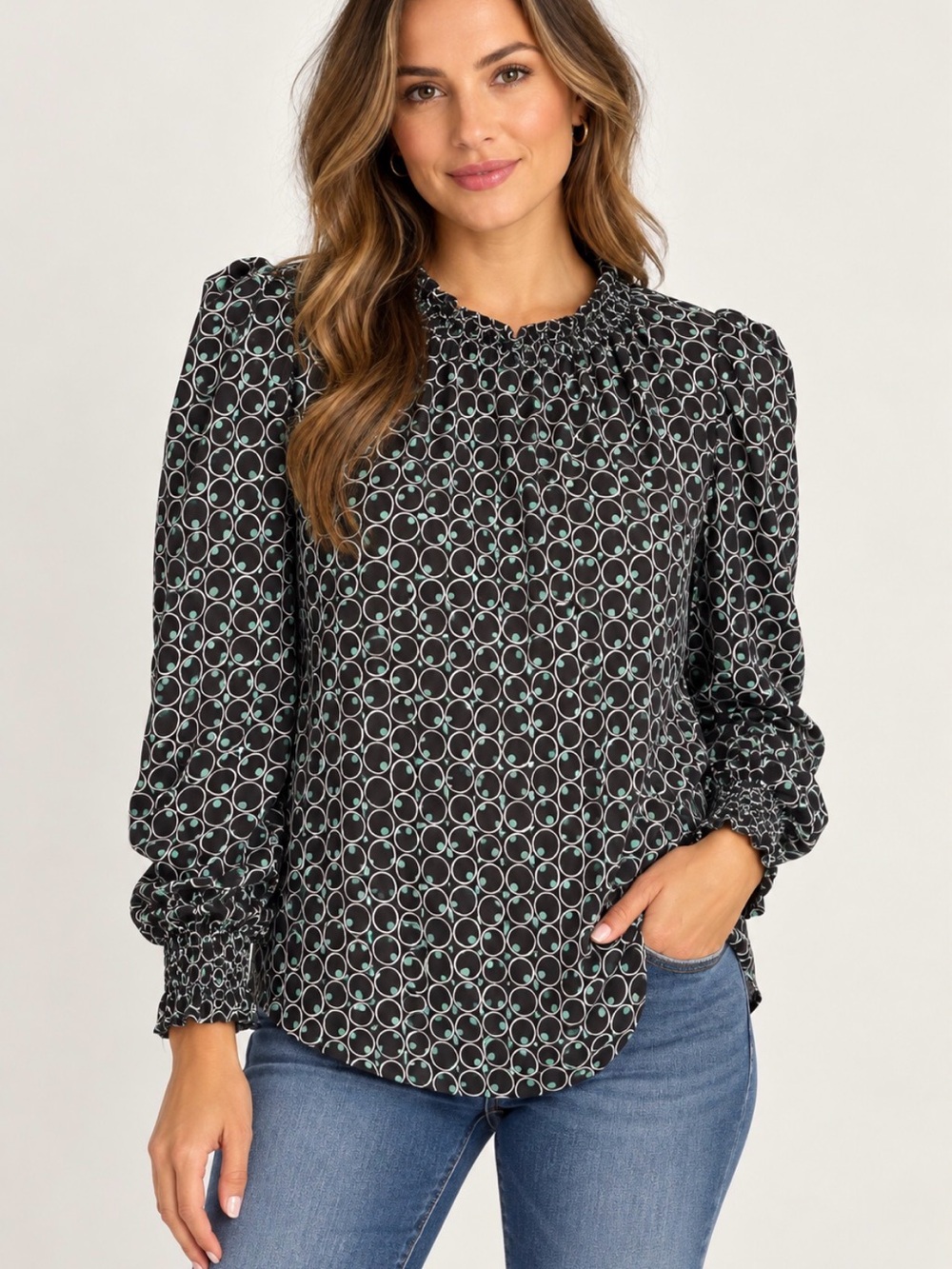 Max Studio Women’s Blouse with Mint Green and White Circle Print, Size M